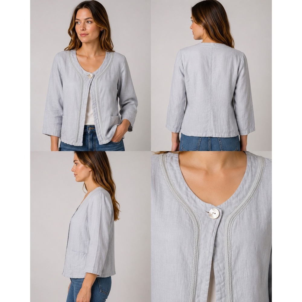 Carla Conti Italy Grey 100% Linen Lace Trim Button Front Jacket Blazer Womens S